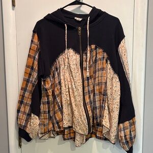 POL Mixed-Pattern Black Hoodie with Mustard Plaid and Cream Floral Panels